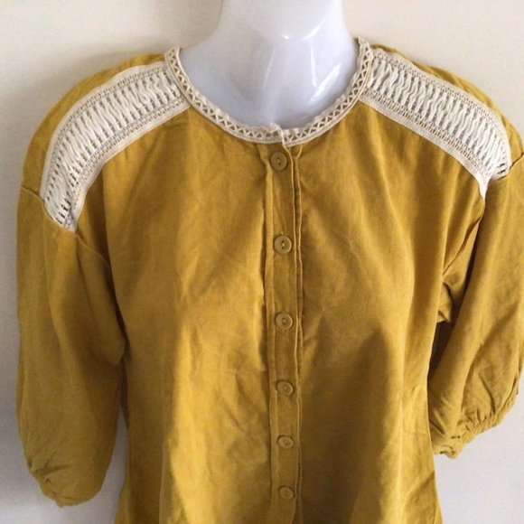 ZARA BASICS Winter Mustard Gold Cotton Corduroy Crochet Button Shirt Blouse Top - Picture 14 of 16